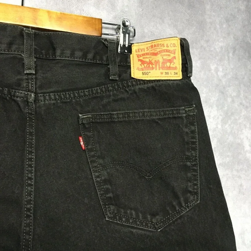 Levis Mens 550 Relaxed Fit Black Jeans size 38x34 Cotton Denim Pant Copper Rivet